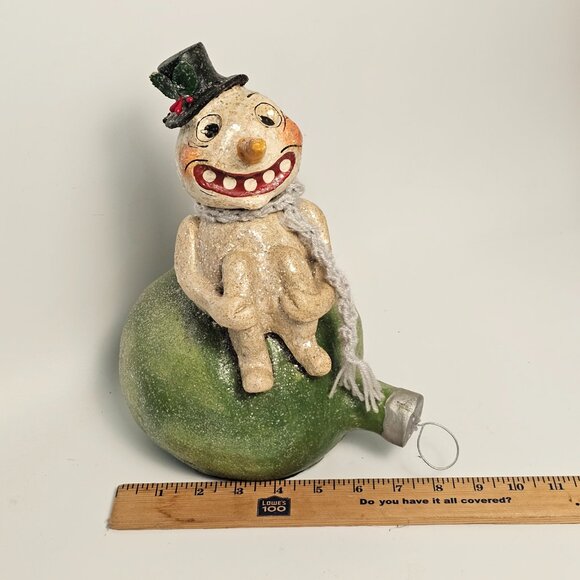Vintage - Style Snow Man Folk Art Sitting On A Christmas Tree Bulb - Picture 9 of 10